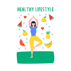 Healthy lifestyle poster with yoga girl and fruits. Vector isolated illustration.
