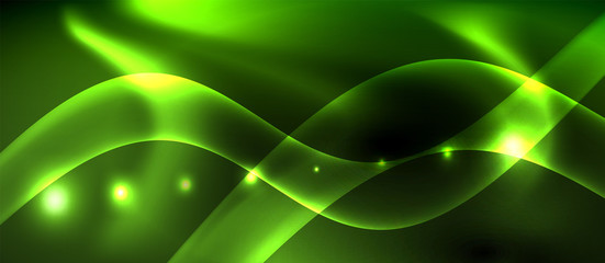 Dark background with neon color waves, vector template