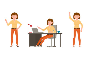 Mad, screaming, scold brown hair office woman in orange pants vector illustration. Pointing finger, sitting at desk, standing female cartoon character set on white background