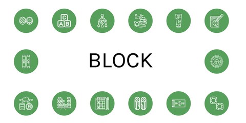 Set of block icons such as Chocolate, Abc block, Mobile toy, Stones, Sunscreen, Ledger, Cryptocurrency, Brick, Sudoku, Wood, Butter, Malware , block