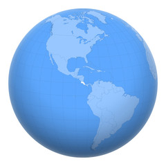 Costa Rica on the globe. Earth centered at the location of the Republic of Costa Rica. Map of Costa Rica. Includes layer with capital cities.