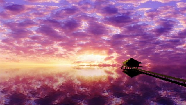 Exotic hotel on the water, sunset in the Maldives,  timelapse