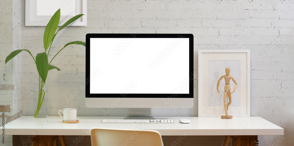 Sticker blank screen desktop computer in minimal style office