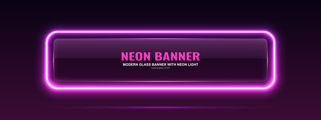 Rectangular glass banner. Transparent billboard with neon lights. Vector illustration.