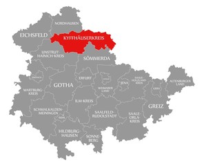 Kyffhaeuserkreis red highlighted in map of Thuringia Germany