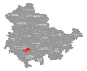 Suhl red highlighted in map of Thuringia Germany