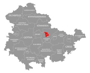 Weimar red highlighted in map of Thuringia Germany