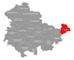 Altenburger Land red highlighted in map of Thuringia Germany