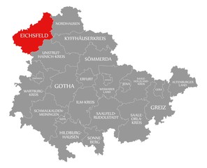 Eichsfeld red highlighted in map of Thuringia Germany