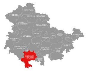 Hildburghausen red highlighted in map of Thuringia Germany