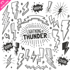 Lightning and Thunder Design elements. Black and White Vector Doodle Illustration Set. Editable Stroke.