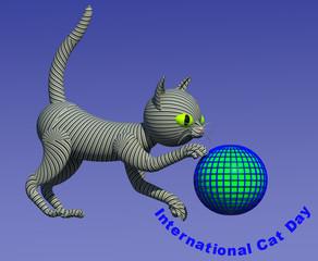 World Cat Day celebration, a cat character playing with the globe 3D illustration 2. Collection.