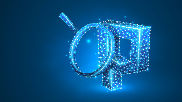 Magnifying glass Analysis of PHP coding language. Code analytics, programming, developing concept. Abstract, digital, wireframe, low poly mesh, vector blue neon 3d illustration. Line, dot