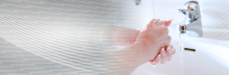 Woman rinsing her hands; panoramic banner