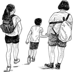 Sketch of a mother with her kids going for a stroll