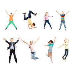 Fototapeta na wymiar Set of images of jumping children of different age. Isolated over white background. Square format.