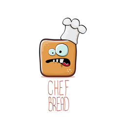 vector funky cartoon smiling toast bread chef character with white chef hat isolated on white background. Bakery or kids cafe funky logo or mascot design template