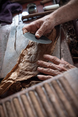 Cigar rolling or making by torcedor in cuba