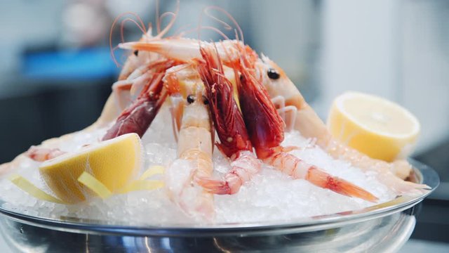 Tiger shrimp. Shrimp dish. Shrimps with ice and lemons. Beautiful seafood serving. Close up food video.