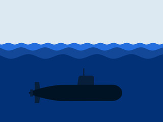 Navy submarine and boat is under water. Watercraft military vehicle. Blue wavy ocen and sea. vector illustration. 