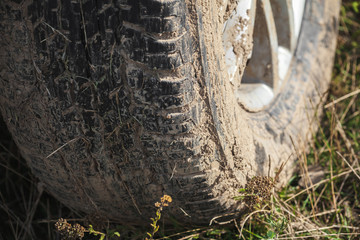 Muddy car wheel is on the grass, close up