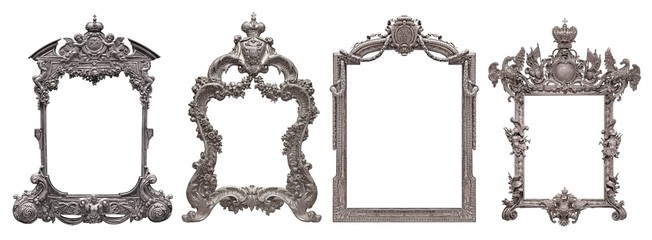 Set of silver frames for paintings, mirrors or photo isolated on white background