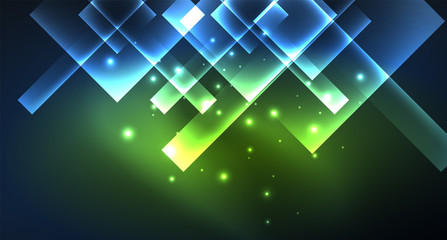 Obraz premium Neon glowing techno square rectangle lines, blue hi-tech futuristic abstract background