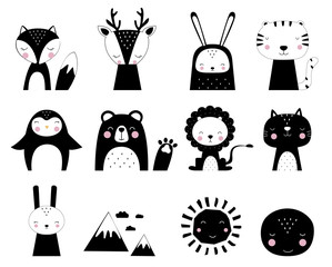 Cute vector print in scandinavian style. Hand drawn vector illustration for posters, cards, t-shirts. Monochrome sloth, hippo, fox, penguin, deer, tiger, bunny, panda, giraffe, bear