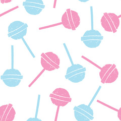 Pink and blue lollipops on white background in flat style design. Seamless background with candy, minimalism concept.