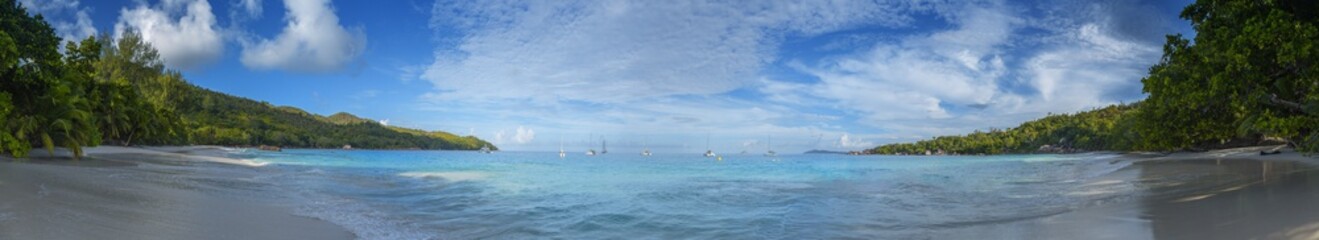 Seychelles, Prale island, Anse Lazio beach panorama