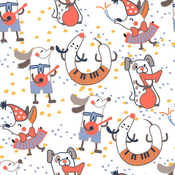 Pattern with funny dogs with musical instruments. © Ella