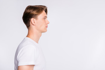 Close-up profile side view portrait of his he nice cute attractive calm guy copy empty blank space...