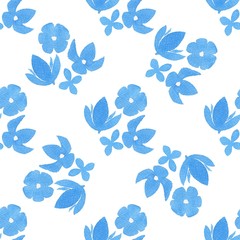 Seamless blue azulejo watercolor pattern. Vector flowers illustration. 