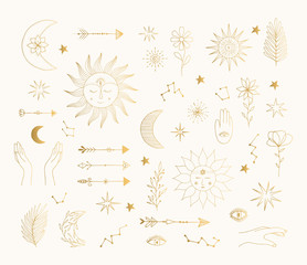 Hand drawn golden mystic symbols. Sun, moon, star tattoo design. Vector gold foil isolated illustration.