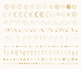 Duży złoty pakiet galaktyk ze słońcem, księżycem, półksiężycem, spadającą gwiazdą, planetą, kometą, strzałką, konstelacją, znakiem zodiaku, rękami. Ręcznie rysowane wektor na białym tle ilustracja. - 283018572