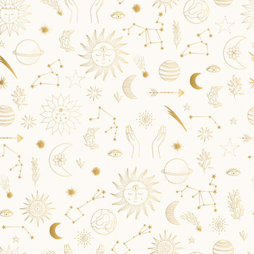 Gold foil pattern with cute hand drawn sun, planet, moon star. Mystic solar design. Vector illustration.