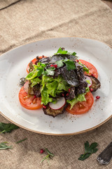 Baked eggplant with tomato and radish salad on white plate on grey tablecloth