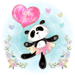 Cute Panda ballerina with a balloon in the shape of a heart. I love you. Valentine. Vector. Watercolor