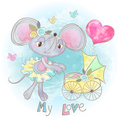 Mom mouse with a baby in a stroller. My child. Baby shower. Vector. Watercolor