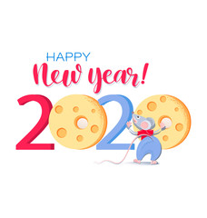 Greeting ard with  Cute rat and cheese. Chinese new year 2020. Concept design for Happy New Year, Xmas holidays. Zodiac mice of Animal lucks year 2020 of the rat. 