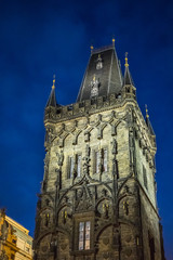 Fototapeta na wymiar Night scene of Powder Tower or Powder Gate - medieval gothic city gate in Prague, Czech Republic
