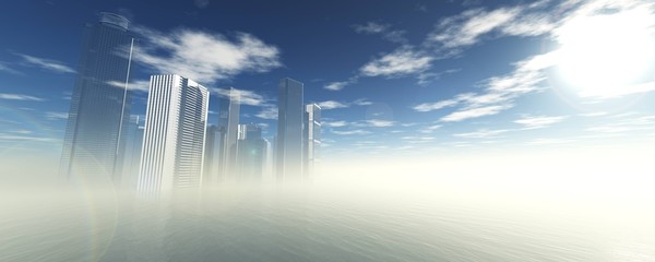 Beautiful skyscrapers in a haze against the sky, 3D rendering