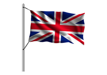 Waving UK flag on flagpole on isolated background, flag of Britain, vector illustration