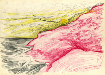 Figure - illustration of the sea and mountains. Drawing in color pencil.