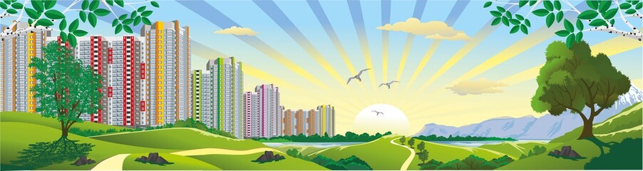 Sunrise over the city. City and mountains on the lake. Vector illustration