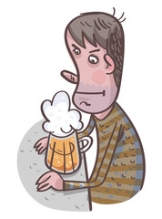 Unhappy Man Drinking Beer. Comic Character. Vector illustration