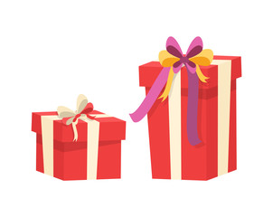 Boxes with presents decorated by silk tape and topped by bow, vector Christmas surprise in package isolated on white. Wrapped gift in cardboard, vector