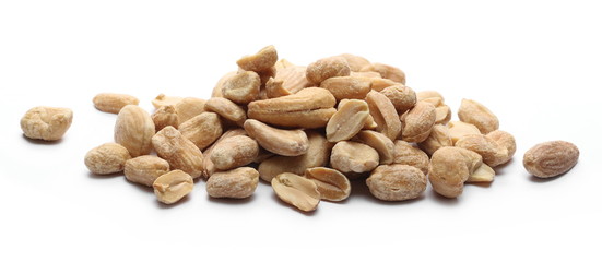 Mix of roasted, salted peanuts, cashew nuts and almonds isolated on white background