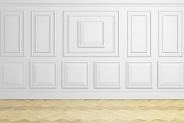 3d render, interior design, white wall with panels and wooden floor, empty room, design wall