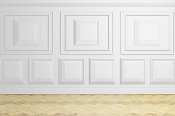 empty room with white panels wall and wooden floor, 3d rendering